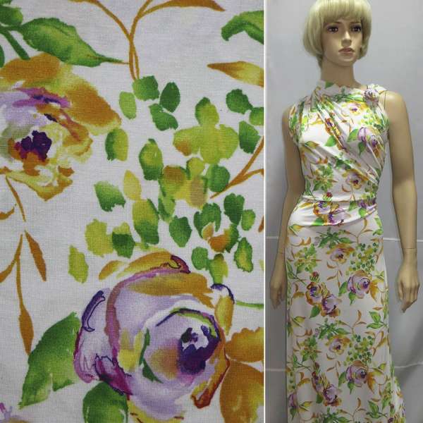 Трикотаж віскозний стрейч білий, фіолетові троянди, зелене листя ш.140