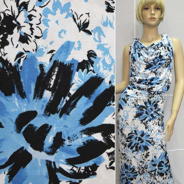 Трикотаж віскозний стрейч білий з квітами чорно-блакитними ш.140