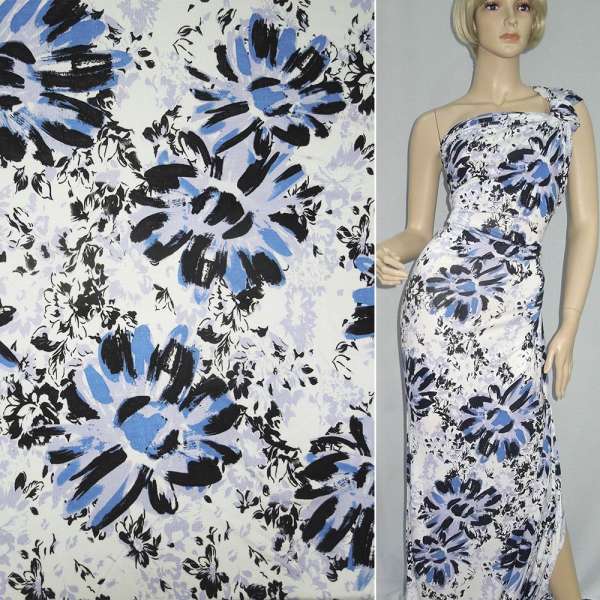 Трикотаж віскозний стрейч білий з квітами чорно-бузковими ш.140