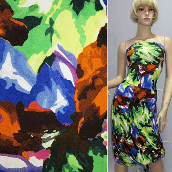 Трикотаж віскозний стрейч салатовий в оранжево-синій абстрактний малюнок ш.145