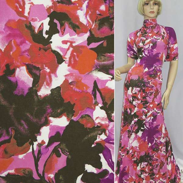 Трикотаж віскозний стрейч рожевий абстрактний квіти бузково-помаранчеві ш.145