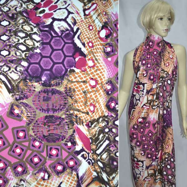 Трикотаж віскозний стрейч рожево-оранжевий, бузкові ромби прямокутники ш.145