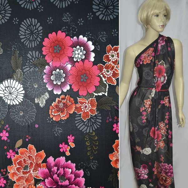 Трикотаж віскозний стрейч чорний з бузково-рудими квітами ш.150