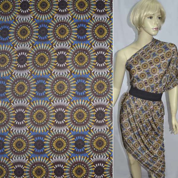 Трикотаж віскозний мокрий стрейч коричневий в жовто-блакитні соняшники ш.145