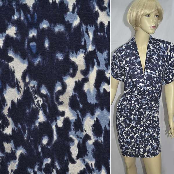 Трикотаж віскозний стрейч синій темний з молочно-сірими плямами ш.149