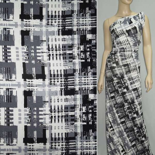 Трикотаж вискозный стрейч белый с черно-серой геометрической абстракцией ш.150