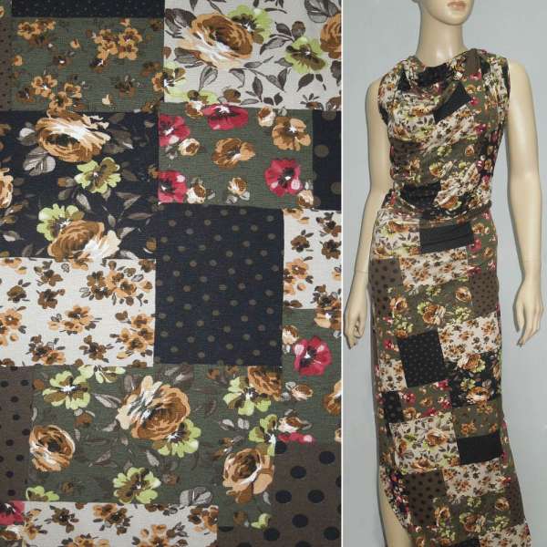 Трикотаж вискозный стрейч болотно-бежевый в квадраты, цветы ш.150