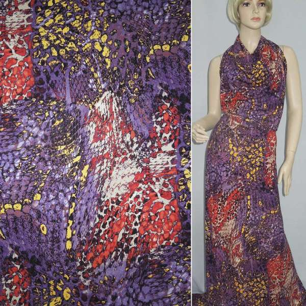 Трикотаж вискозный стрейч рептилия фиолетово-кораллово-желтый ш.145