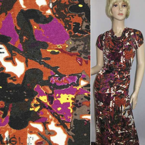 Трикотаж вискозный стрейч терракотово-фиолетово-белый с фрагментами газеты ш.150