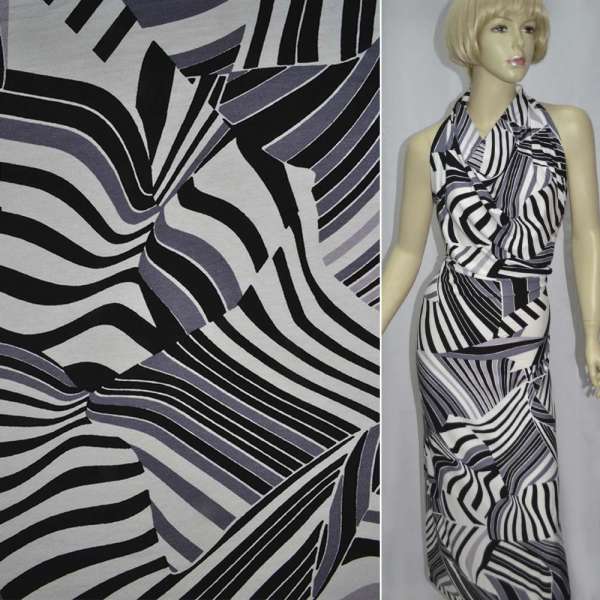 Трикотаж вискозный стрейч белый в черно-серые абстрактные полосы ш.145