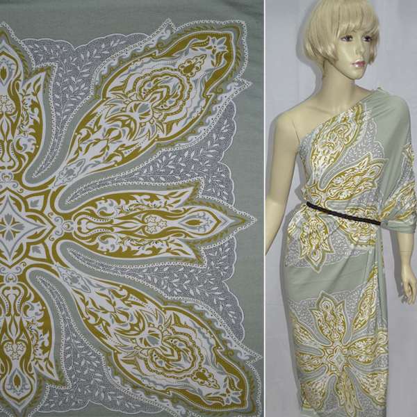 Трикотаж віскозний стрейч оливковий з гірчично-чорною хусткою ш.130