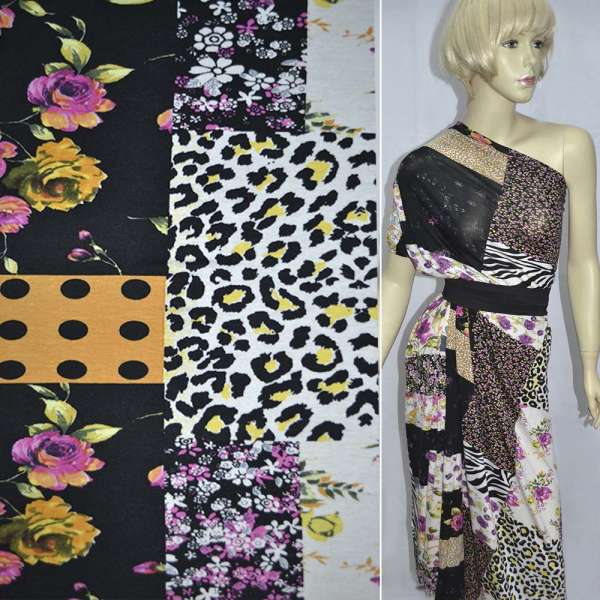 Трикотаж вискозный стрейч в черно-бело-бежевые квадраты с цветами и кругами ш.160