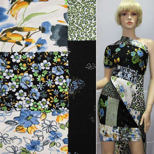 Трикотаж вискозный стрейч в черно-бело-салатовые квадраты с цветами и кругами ш.160