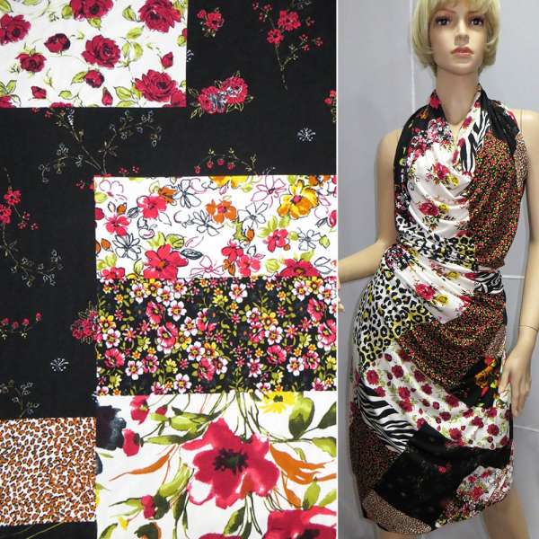 Трикотаж вискозный стрейч в черно-белые квадраты с цветами ш.160