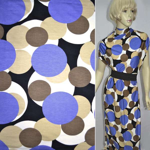 Трикотаж віскозний стрейч білий з фіолетовими, бежевими, коричневими колами ш.160