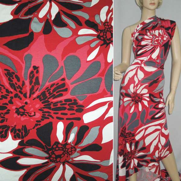 Трикотаж вискозный стрейч белый с большими красно-черными цветами ш.160