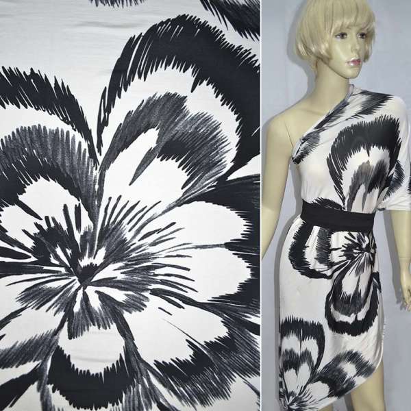 Трикотаж віскозний стрейч білий з великими чорними квітами ш.140