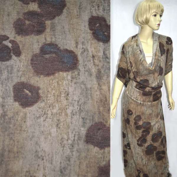 Трикотаж с шерстью бежево-серый в бордовые пятна ш.145