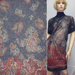 Трикотаж с шерстью синий темный бордовый купон в цветы ш.142