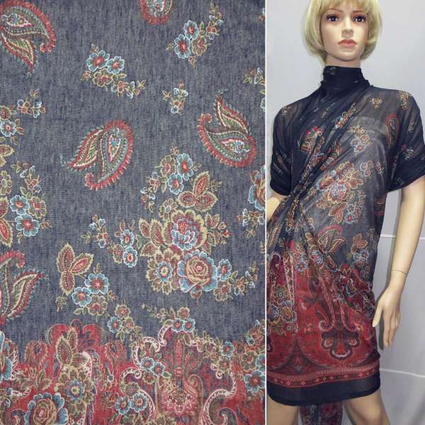 Трикотаж с шерстью синий темный бордовый купон в цветы ш.142