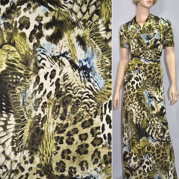 Трикотаж віскозний стрейч молочно-зелений пір'я (принт) ш.150