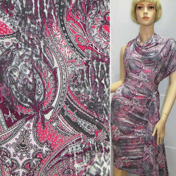 Трикотаж вискозный стрейч серый светлый с розовыми огурцами (принт) ш.150