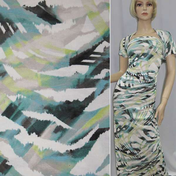 Трикотаж вискозный стрейч белый с бирюзово-серой абстракцией (принт) ш.150