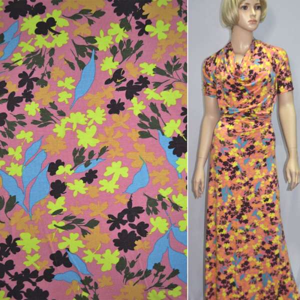 Трикотаж вискозный стрейч розовый с желто-голубыми цветами и листьями (принт) ш.150