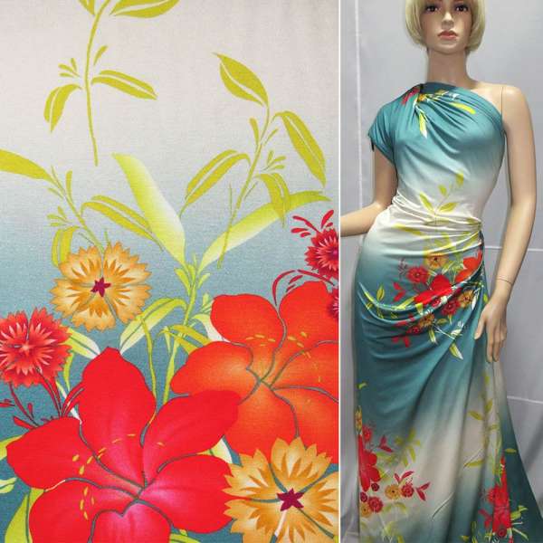 Трикотаж віскозний стрейч бірюзовий з широкою білою смугою з червоними квітами ш.150