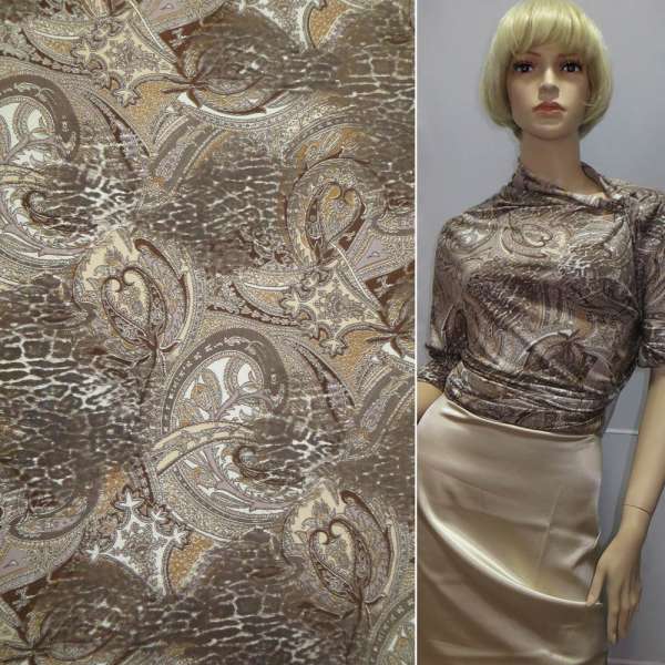 Трикотаж вискозный стрейч бежево-коричневый с огурцами (принт) ш.150