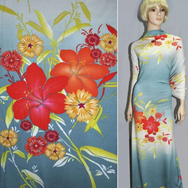 Трикотаж віскозний стрейч бірюзовий з широкою білою смугою з червоними квітами ш.150