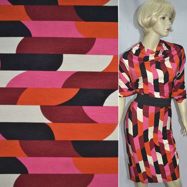 Трикотаж вискозный стрейч в молочно-розовые и оранжевые полоски с овалами ш.150