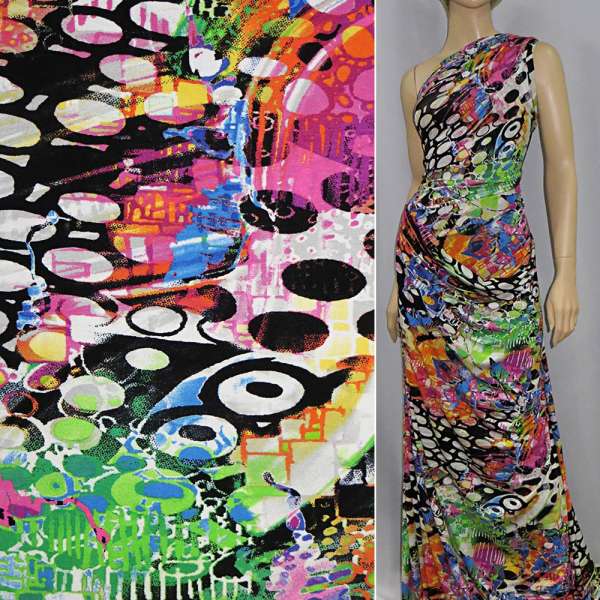 Трикотаж віскозний стрейч білий з чорно-білий овал і рожевим абстрактним малюнком ш.150