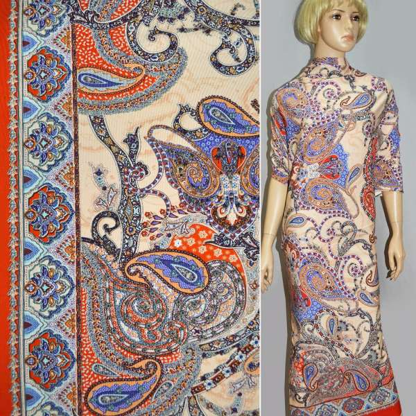 Трикотаж вискозный стрейч персиковый с серо-красными огурцами 1-ст. купон ш.150