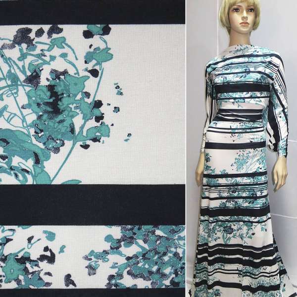 Трикотаж вискозный стрейч белый в синие полосы и бирюзовые цветы ш.155