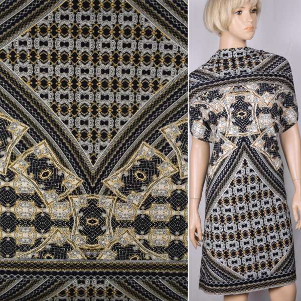 Трикотаж вискозный стрейч кремовый с бежево-синим абстрактный рисунок ш.145