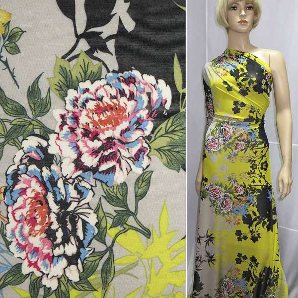 Трикотаж віскозний стрейч жовто-сірий з чорним купоном квіти (мокрий) ш.150