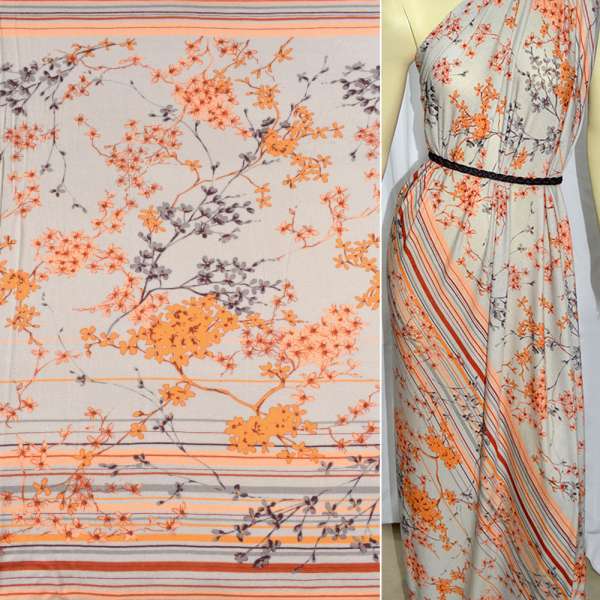 Трикотаж вискозный стрейч серый светлый с оранжевыми серыми веточками цветов и полоски, ш.140