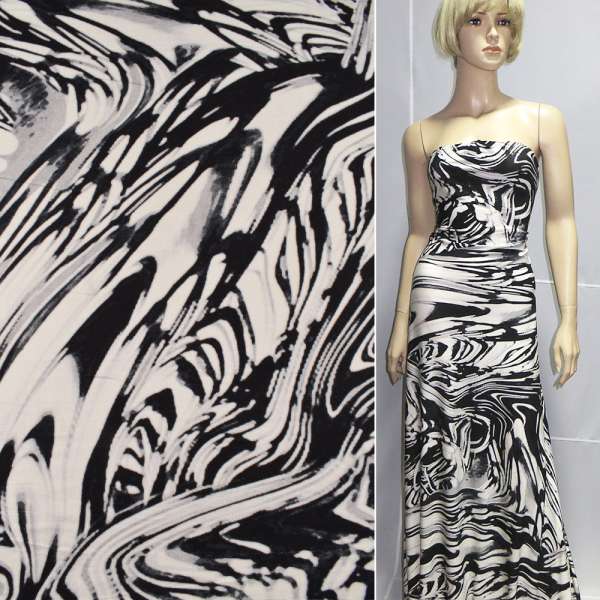 Трикотаж вискозный стрейч белый с черными разводами ш.150