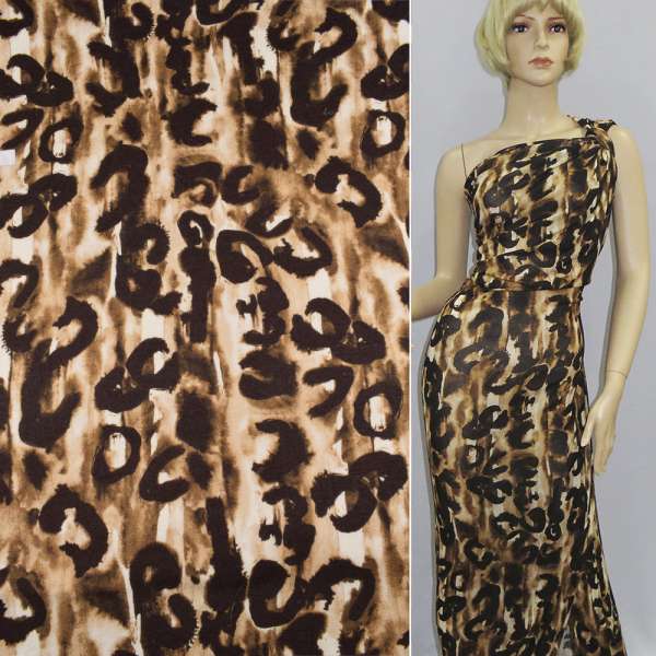 Трикотаж вискозный стрейч коричневый светлый с коричневыми подковами ш.140