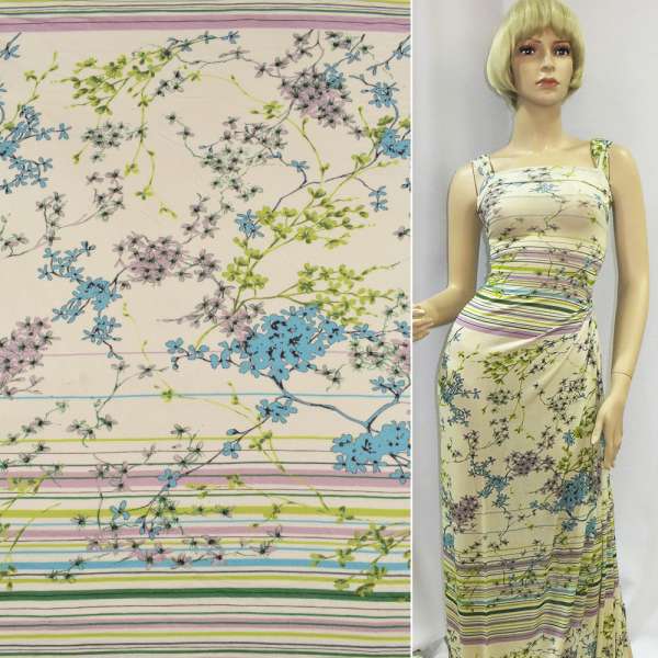 Трикотаж вискозный стрейч песочный с салатово-бирюзовой веточкой цветов раппорт, ш.140