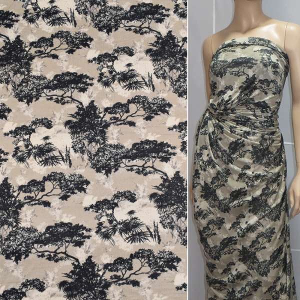 Трикотаж вискозный стрейч серый с черными деревьями ш.137