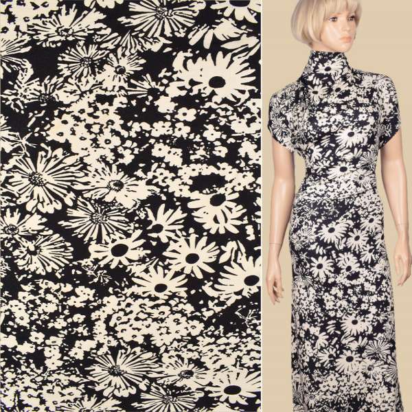 Трикотаж вискозный стрейч черный с белыми ромашками ш.149