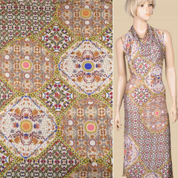 Трикотаж вискозный стрейч песочно-серый с мелкими цветами и овалами ш.150