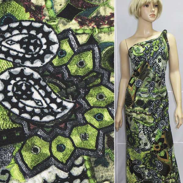 Трикотаж віскозний стрейч сіро-зелений з чорними огірками і соняшниками ш.150