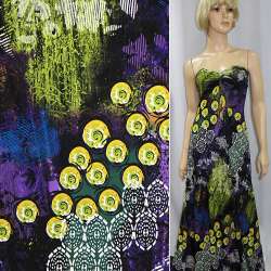 Трикотаж вискозный стрейч фиолетовый с зелено-желтыми кругами ш.145