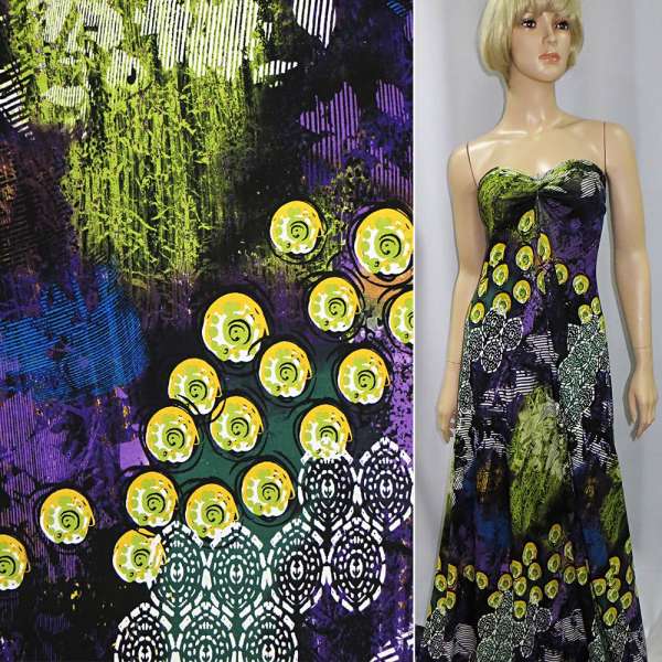 Трикотаж вискозный стрейч фиолетовый с зелено-желтыми кругами ш.145