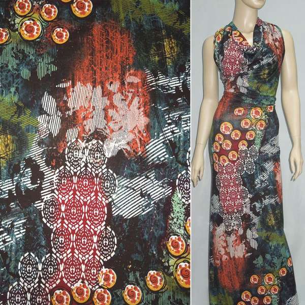 Трикотаж вискозный стрейч зелено-бордово-терракотовый в круги ш.145