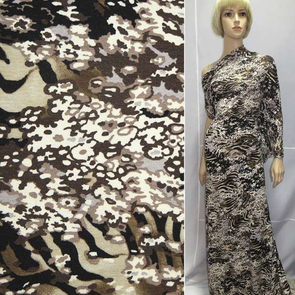 Трикотаж вискозный стрейч принт зебра коричнево-черный мелкие белые цветы ш.150