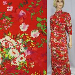 Трикотаж вискозный стрейч красный с розово-зелеными цветами ш.150